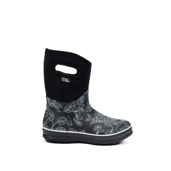 Schwarze, blumenmusterte Haustierstiefel mit einem weichen Obermaterial und einer strukturierten Sohle, mit einem seitlichen Griff für einfaches Anziehen.