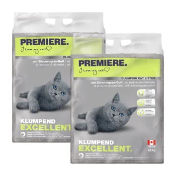 Dwie torby żwirku dla kotów PREMIERE, z szarym kotem na przodzie, o zapachu trawy cytrynowej i napisem "Kocham mojego kota."