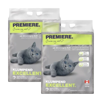 Twee zakken PREMIERE klonterende kattenbakvulling, met een grijze kat op de voorkant, met een citroengrasgeur en de tekst "I love my cat."