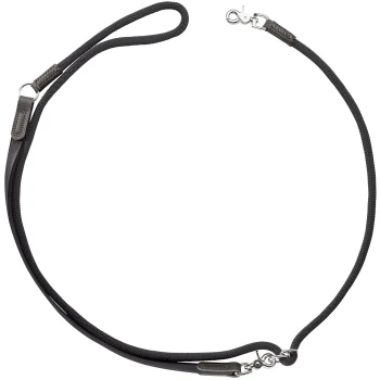 Schwarze geflochtene Hundeleine mit gepolstertem Schlaufenhandgriff, Lederapplikationen und silbernem Wirbelkarabiner.