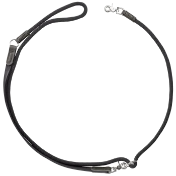 Schwarze geflochtene Hundeleine mit gepolstertem Schlaufenhandgriff, Lederapplikationen und silbernem Wirbelkarabiner.