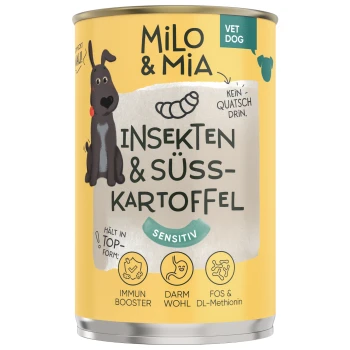 Dosenfutter für Hunde "Milo & Mia" mit schwarzer Hundillustration, beschriftet mit "Insekten & Süßkartoffel" und Vorteilen wie "Immun Booster."
