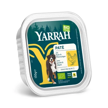 Verpackung von Yarrah Bio-Hundefutterpaté mit einer Hundillustration, mit der Aufschrift "Paté mit Huhn & Meeresalgen" und "Getreidefreies Rezept."