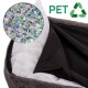 Bild eines Haustierbettes mit einer Nahaufnahme von recyceltem PET-Material im Inneren, mit bunten Kunststoffflocken. Der Text lautet 'PET' mit einem Recycling-Symbol.