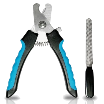 Haustier-Nagelknipser mit blauen Gummigriffen und einer Metallfeile, entworfen für sicheres und einfaches Nageltrimmen.