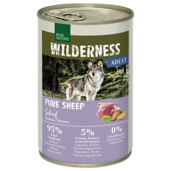 Nourriture pour chiens en conserve étiquetée "Wilderness Adult Pure Sheep," avec une image de loup, contenant 95% de mouton, 5% de légumes et 0% de céréales ajoutées.