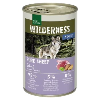 Dosenfutter für Hunde mit der Aufschrift "Wilderness Adult Pure Sheep", mit einem Wolf-Bild, 95% Schaf, 5% Gemüse und 0% zugesetzten Getreide.