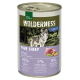 Karma w puszce dla psów oznaczona "Wilderness Adult Pure Sheep," z wizerunkiem wilka, zawierająca 95% owcy, 5% warzyw i 0% dodanych zbóż.