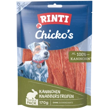 RINTI Chicko's Hundesnack-Beutel mit Hundeillustration und Kaninchenstreifen; Text "100% Kaninchen", "170g".