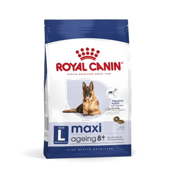 Maxi Ageing 8+ 3 kg Royal Canin Maxi Ageing 8+ Hundefutterbeutel, mit einem Deutschen Schäferhund, mit Text, der die Verdauungsgesundheit und die Eignung für Hunde über 8 Jahre hervorhebt.