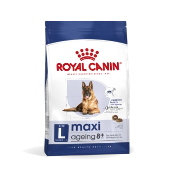 Royal Canin Maxi Ageing 8+ Hundefutterbeutel, mit einem Deutschen Schäferhund, mit Text, der die Verdauungsgesundheit und die Eignung für Hunde über 8 Jahre hervorhebt.