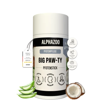 ALPHAZOO Pfotenpflege Big Paw-Ty Pfotenstick-Glas mit Aloe-Scheiben, Kokoshälften und Produktanhänger.