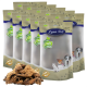 Eine Ausstellung mehrerer Säcke Lyra Pet Nature Power Haustierfutter, mit einem Haufen getrockneter Wurzel-Snacks davor.