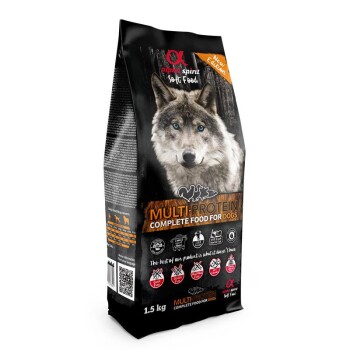 Schwarzer 1,5-kg-Beutel Alpha Spirit Soft Food mit Wolfsbild, 'Mehrprotein-Vollfutter für Hunde' und Aufschrift 'Neue Ausgabe'