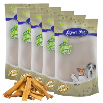 Fünf Beutel Lyra Pet Nature Power Hundeleckerlis, mit einem Haufen Kausticks davor.