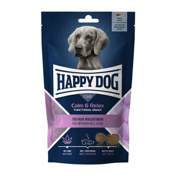 L'emballage des friandises Happy Dog Calm & Relax montre un chien gris, mettant en avant le chanvre et le L-tryptophane pour un meilleur bien-être.