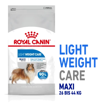 Royal Canin Light Weight Care Hundefuttertüte mit einem Collie, die besagt: "Hilft, Gewichtszunahme zu begrenzen" und "90% haben ein gesünderes Gewicht erreicht."