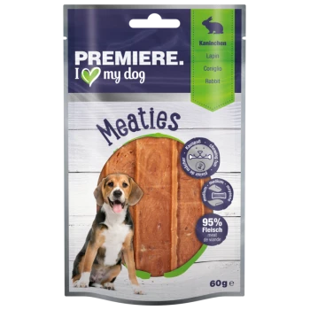 Premiere I ❤️ my dog Meaties dog treats packaging, featuring a beagle and showing 95% meat content, 60g size, and rabbit flavor.