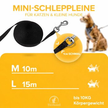 Schwarze Mini-Leine für Katzen und kleine Hunde, erhältlich in den Größen S (5m), M (10m) und L (15m), geeignet für Haustiere bis 10 kg.