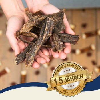 Eine Person hält eine Handvoll natürlicher Kau-Sticks für Haustiere, mit einem goldenen Abzeichen, das '15 Jahre' und 'Beste Qualität' in der Ecke angibt.