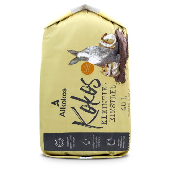 Gelbe 40‑l-Tüte Kokos-Kleintier-Einstreu mit der Beschriftung "Kokos Kleintier Einstreu" und Hasen- sowie Meerschweinchen-Illustrationen