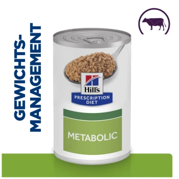 Hill's Prescription Diet Metabolic Dosenfutter für Haustiere, mit einem Löffel des Futters, mit dem Text "Gewichtsmanagement" auf der linken Seite.