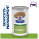 Hill's Prescription Diet Metabolic Dosenfutter für Haustiere, mit einem Löffel des Futters, mit dem Text "Gewichtsmanagement" auf der linken Seite.