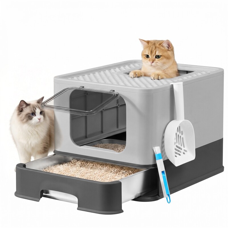 FEANDREA Katzenklo Edelstahl, Katzentoilette mit Schublade, Schaufel, Bürste, 2 Eingänge schiefergrau