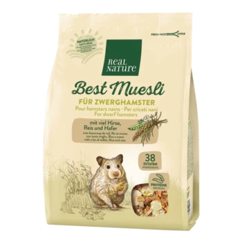 Emballage de Real Nature Best Muesli pour hamsters nains, mettant en avant un hamster mignon et soulignant le millet, le riz et l'avoine.
