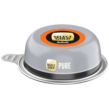 Contenant de nourriture humide pour chien Select Gold Adult Pure avec couvercle gris et étiquette orange sur le dessus.