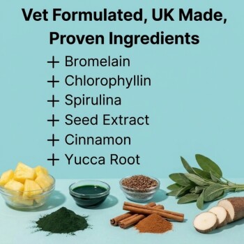 Vet formulated, UK-made, proven ingredients: Bromelain, Chlorophyllin, Spirulina, Seed Extract, Cinnamon, Yucca Root