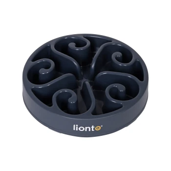 Eine dunkelgraue langsame Futter-Schüssel mit wirbelnden Fächern für Haustiere, mit dem Markennamen 'lionto' in Gold an der Seite.