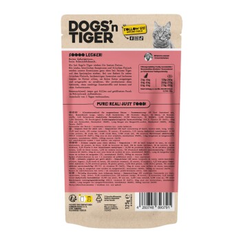 Hundefutterverpackung von Dogs'n Tiger, mit einem pinken Hintergrund und Text, der 'PURE! REAL! JUST FOOD!' und Nährwertinformationen hervorhebt.