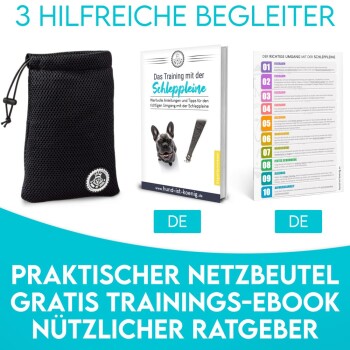 Schwarze Mesh-Trainingstasche, ein Hundetraining E-Book mit dem Titel "Das Training mit der Schleppleine" und ein Trainingsleitfaden mit Tipps.