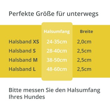 Größentabelle für Hundehalsbänder, die Größen XS bis L mit Halsumfang und Breitenmessungen in Zentimetern auflistet.