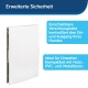 Weißes Sicherheitsfeld für Hundetüren von PetSafe mit Text zur verstellbaren Schließung und Wetterkompatibilität mit verschiedenen Türtypen.