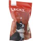 Rote Verpackung von LECKY-Hundeleckerlis mit einem schwarz-weißen Hund mit blauen Augen, beschriftet mit "Babys Mini-Knöchelchen."