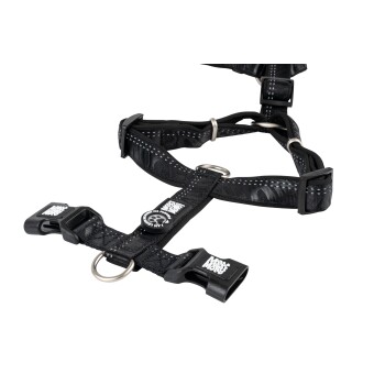 Schwarzes verstellbares Hundegeschirr mit Metallringen und Kunststoffschnallen, mit „Max & Molly“-Markenlogo und Pfotenabdruck.
