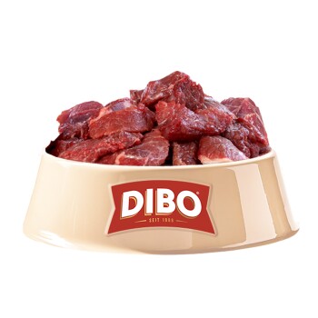 DIBO Rinderherz Tierfutterverpackung mit einer Katze, einem Hund und einer Schüssel mit gewürfeltem Fleisch. Text: "Proteinreiche Vitalmischung" und "Ergänzungsfuttermittel."