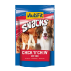 Emballage de friandises pour chiens présentant un chien souriant, étiqueté "MultiFit Snacks Chick 'n' Chew mit Rind" avec saveur de boeuf.