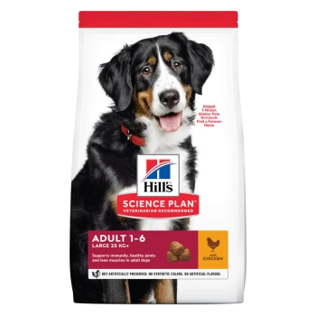 Hill's Science Plan dog food bag with a Bernese Mountain Dog on the front, labeled for adult large dogs, supports immunity and joints.