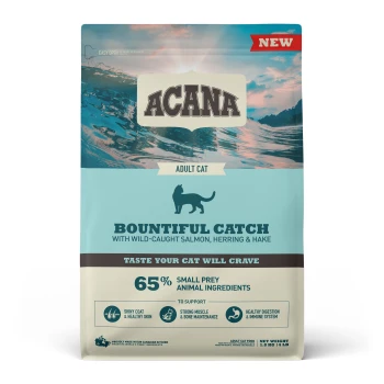 Bountiful Catch z łososiem, śledziem i morszczukiem 1,8 kg Torba z karmą dla kotów ACANA Bountiful Catch z dzikim łososiem, śledziem i dorszem, z 65% składników z małych ofiar.