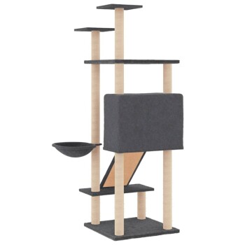 Ein moderner Katzenbaum mit mehreren Ebenen, der einen dunkelgrauen, mit Stoff bezogenen Würfel, eine hängende Schüssel und Holzpfosten enthält.