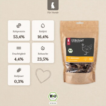 LIEBESGUT BIO-Hähnchenhals-Beutel mit BIO-Logo; Nährwerte: Rohprotein 53,4%, Rohfett 16,4%