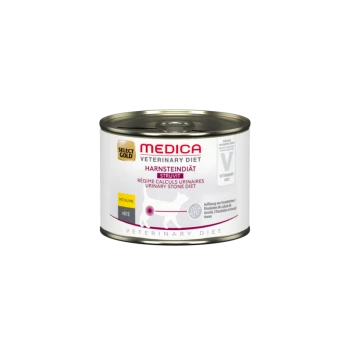Dosenfutter für Haustiere mit der Aufschrift "Select Gold Medica Veterinary Diet" für die Gesundheit bei Harnsteinen, mit "Harnsteindiät Struvit" und Huhn.