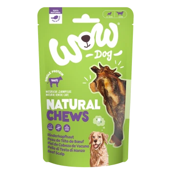 Grüne Verpackung von WOW Dog Natural Chews Rinderkopfhaut für Hunde, gekennzeichnet als 100 % natürlich, Einzelprotein, natürliche Zahnpflege, ohne Zucker- oder Salzzusatz.