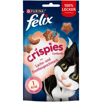 Purina Felix Crispies Katzensnacks mit Lachs- und Forellengeschmack, 1 kcal pro Snack, mit einer schwarz-weißen Katze.