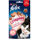 Purina Felix Crispies kattensnacks met zalm- en forelsmaak, 1 kcal per snack, met een zwart-witte kat.