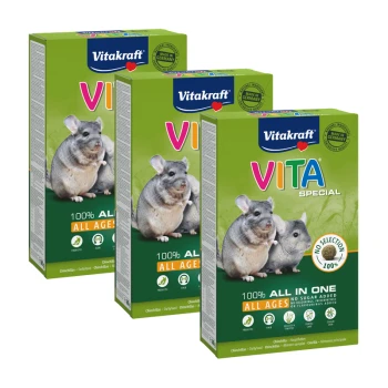 Trois boîtes de nourriture pour chinchillas Vitakraft VITA Special, présentant deux chinchillas sur le devant. Le texte met en avant "100 % TOUT ÂGE" et "SANS SUCRE AJOUTÉ."