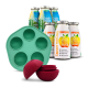 Grüne SmoothieDog Silikonform, roter Leckerbissenball mit Keks und sechs SmoothieDog Immunstärkende und Erfrischende Snackflaschen für Hunde.